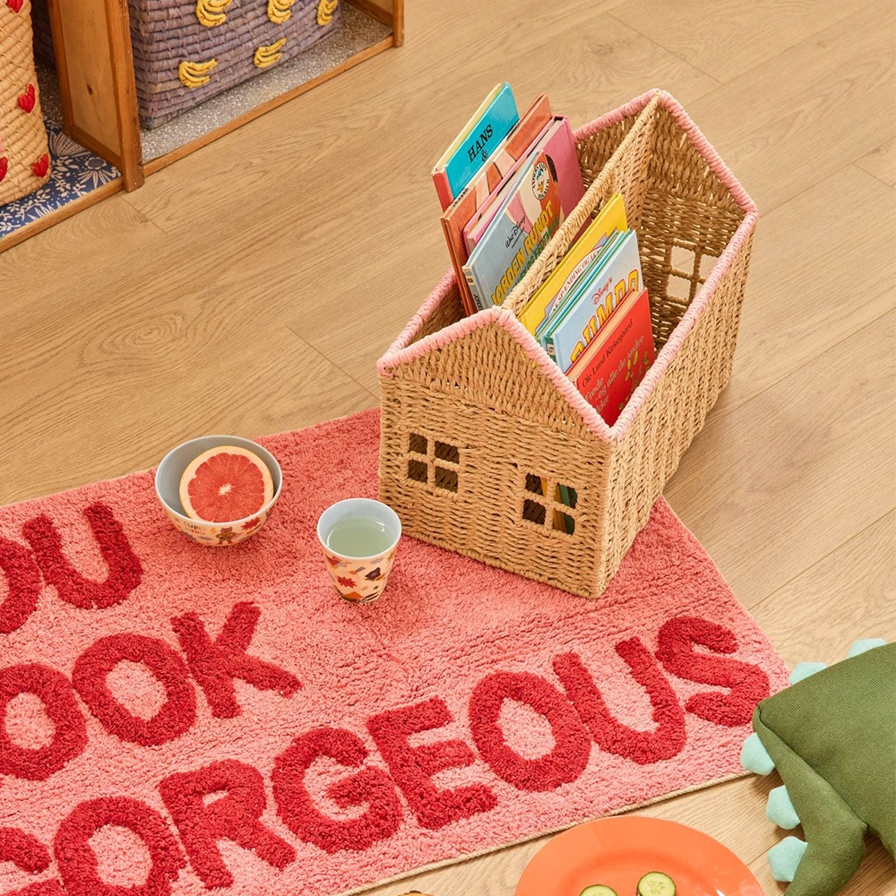 Rice Panier de rangement pour livres « House » rose