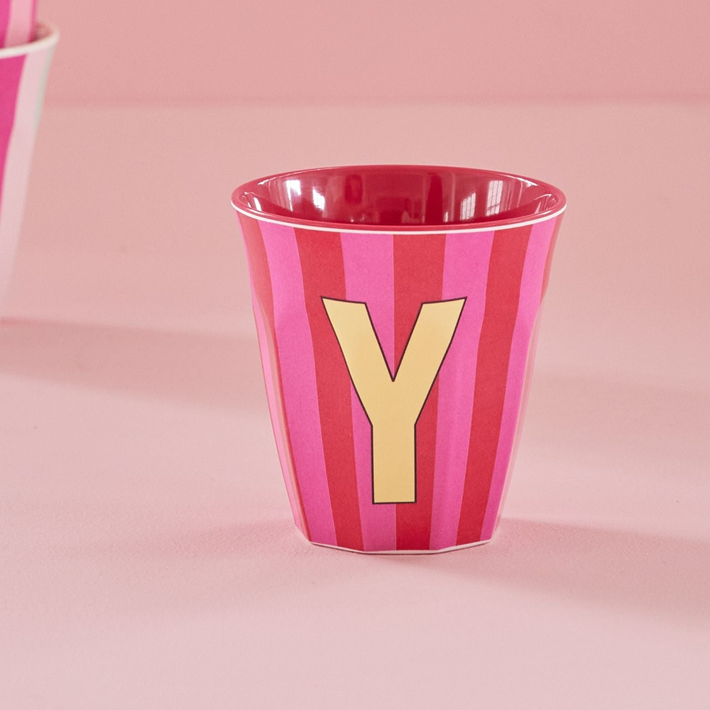 Rice Melamine Cup Medium 'Letter Y' Multicolor Stripes Pink