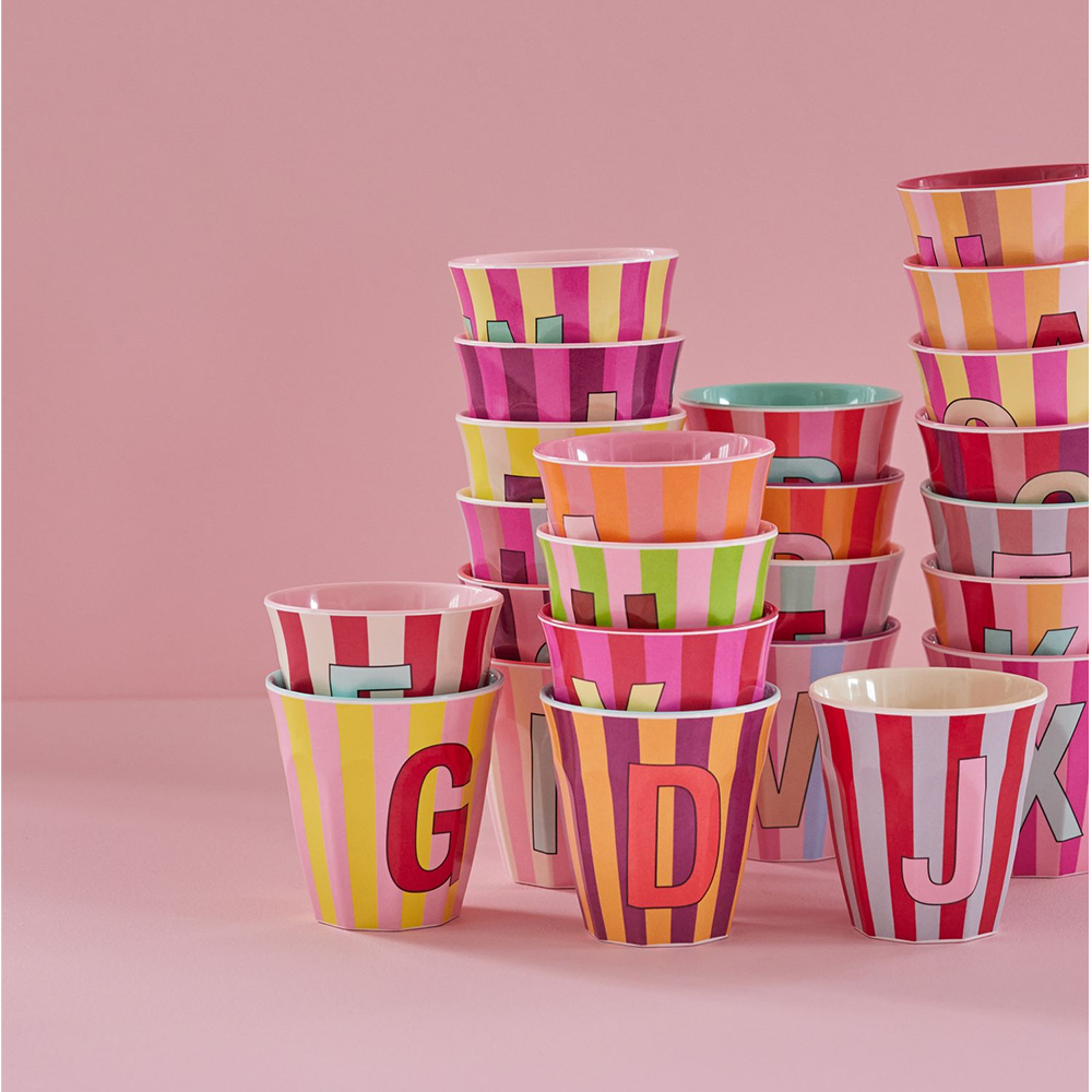Rice Melamine Cup Medium 'Letter Y' Multicolor Stripes Pink