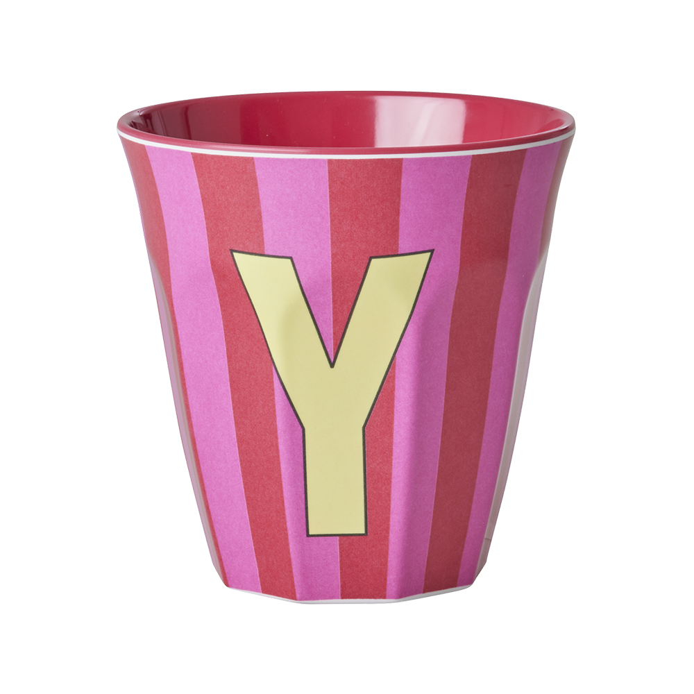 Rice Melamine Cup Medium 'Letter Y' Multicolor Stripes Pink