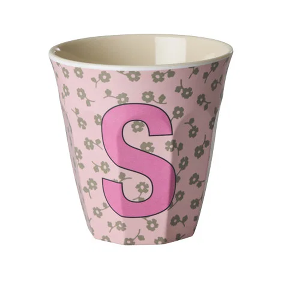 Rice Melamine Medium Cup 'Letter S' Flowers Soft Pink