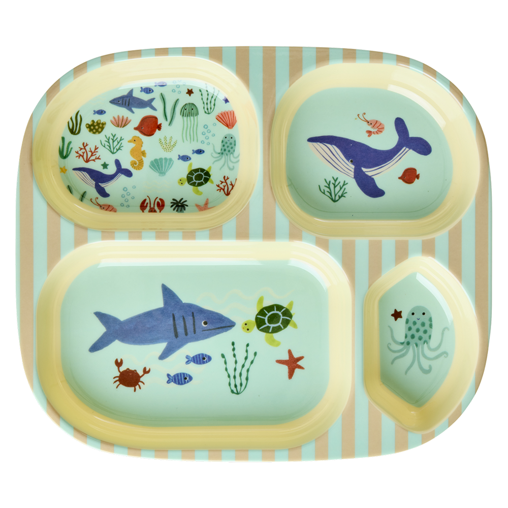 Assiette pour enfants en mélamine Rice à 4 compartiments « Ocean » bleue