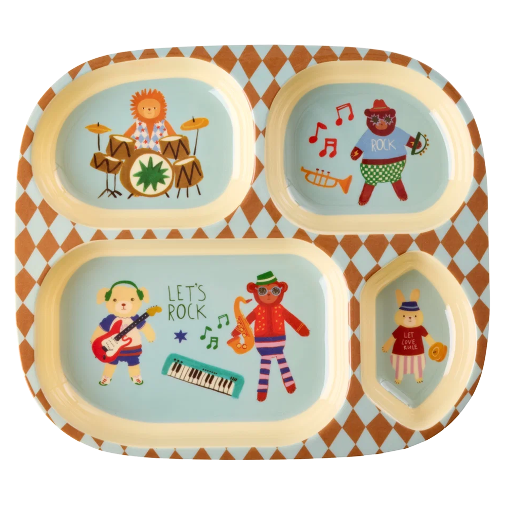 Rice Melamin Kinderteller mit 4 Fächer 'Music Band' Mint