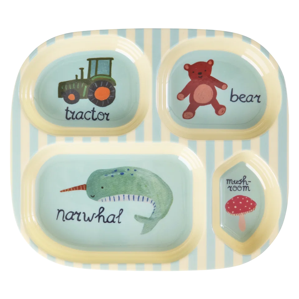 Rice Melamin Kinderteller mit 4 Fächer 'ABC' Blue