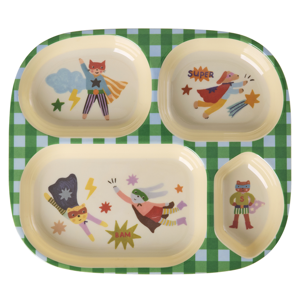 Rice Melamin Kinderteller mit 4 Fächer 'Hero' Green - Online MY SNOWFLAKE