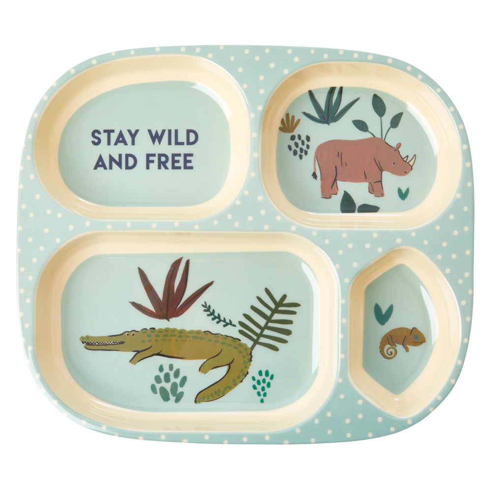 Rice Melamine Kids Plate with 4 Compartments 'Jungle' Soft Blue
