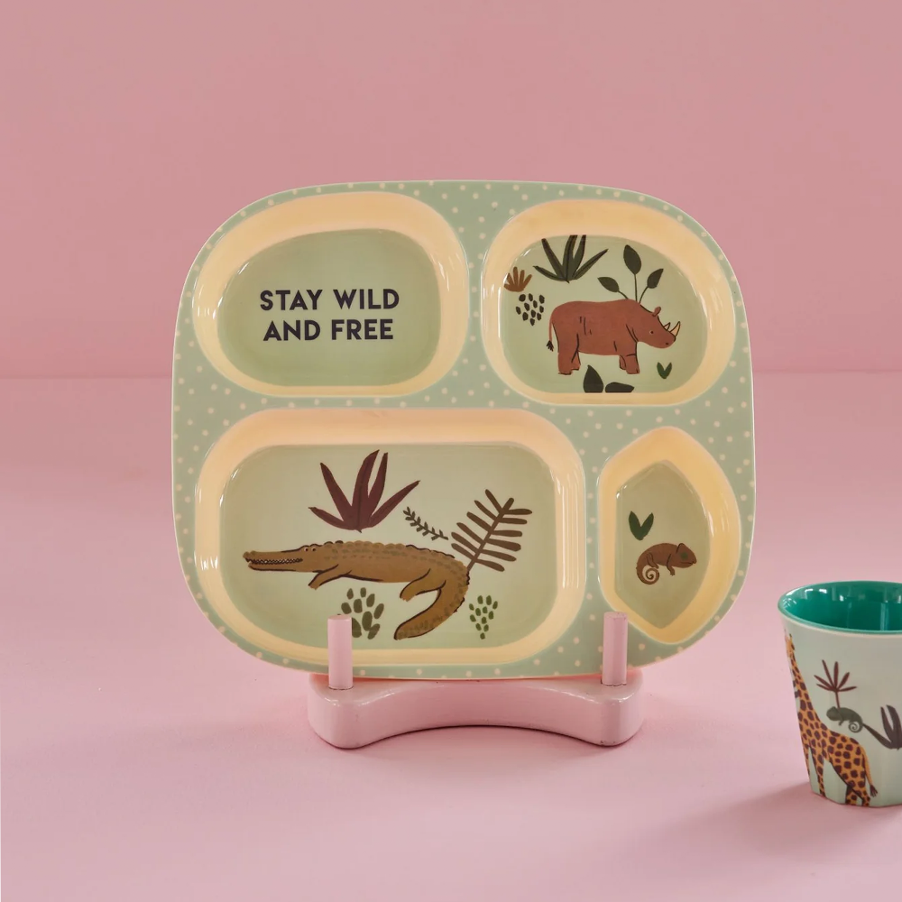 Rice Melamine Kids Plate with 4 Compartments 'Jungle' Soft Blue
