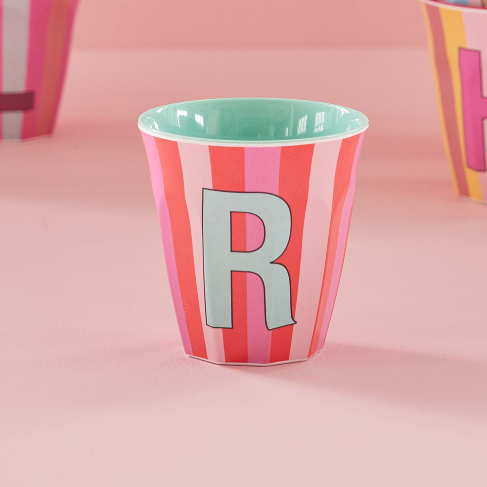 Rice Melamine Cup Medium 'Letter R' Multicolor Stripes Mint