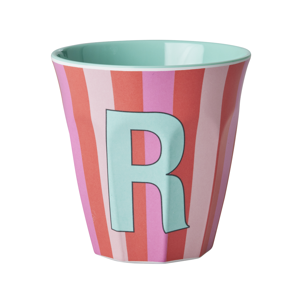 Rice Melamine Cup Medium 'Letter R' Multicolor Stripes Mint