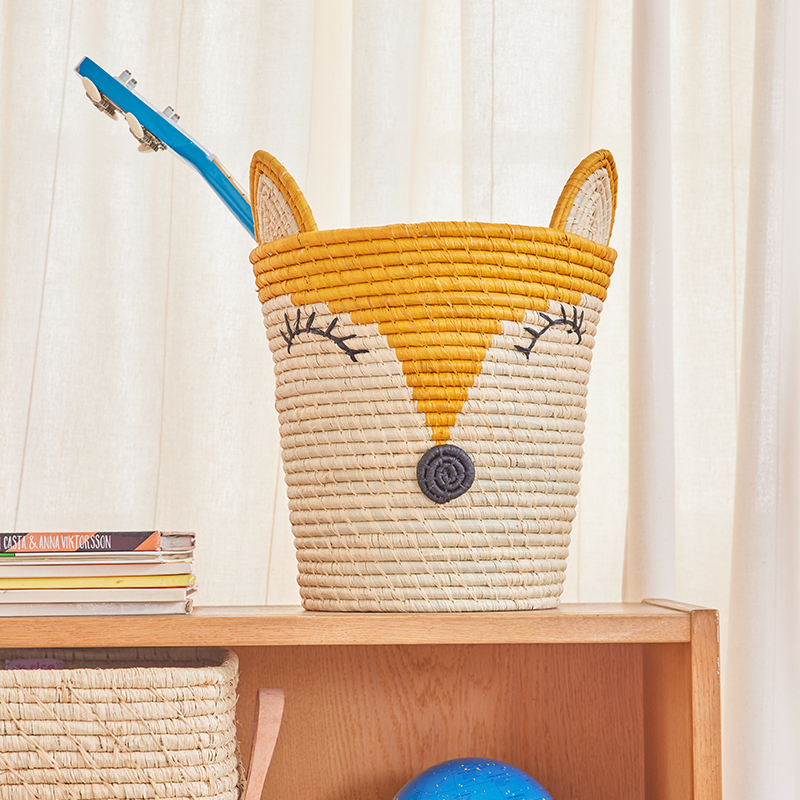Rice Round Storage Basket with Fox Face 'Raffia' Yellow