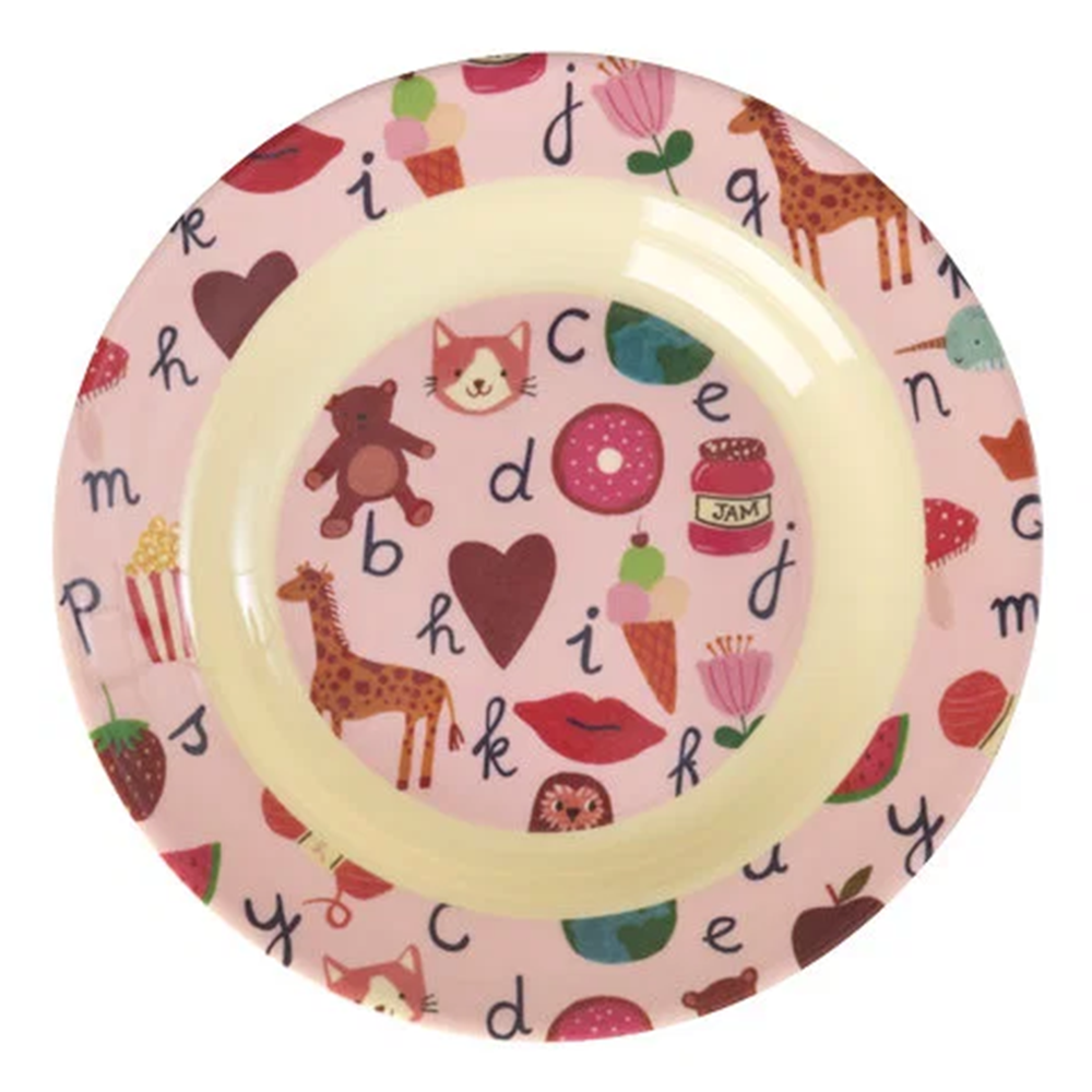 Rice Melamin Kinderteller tief 'ABC' Pink