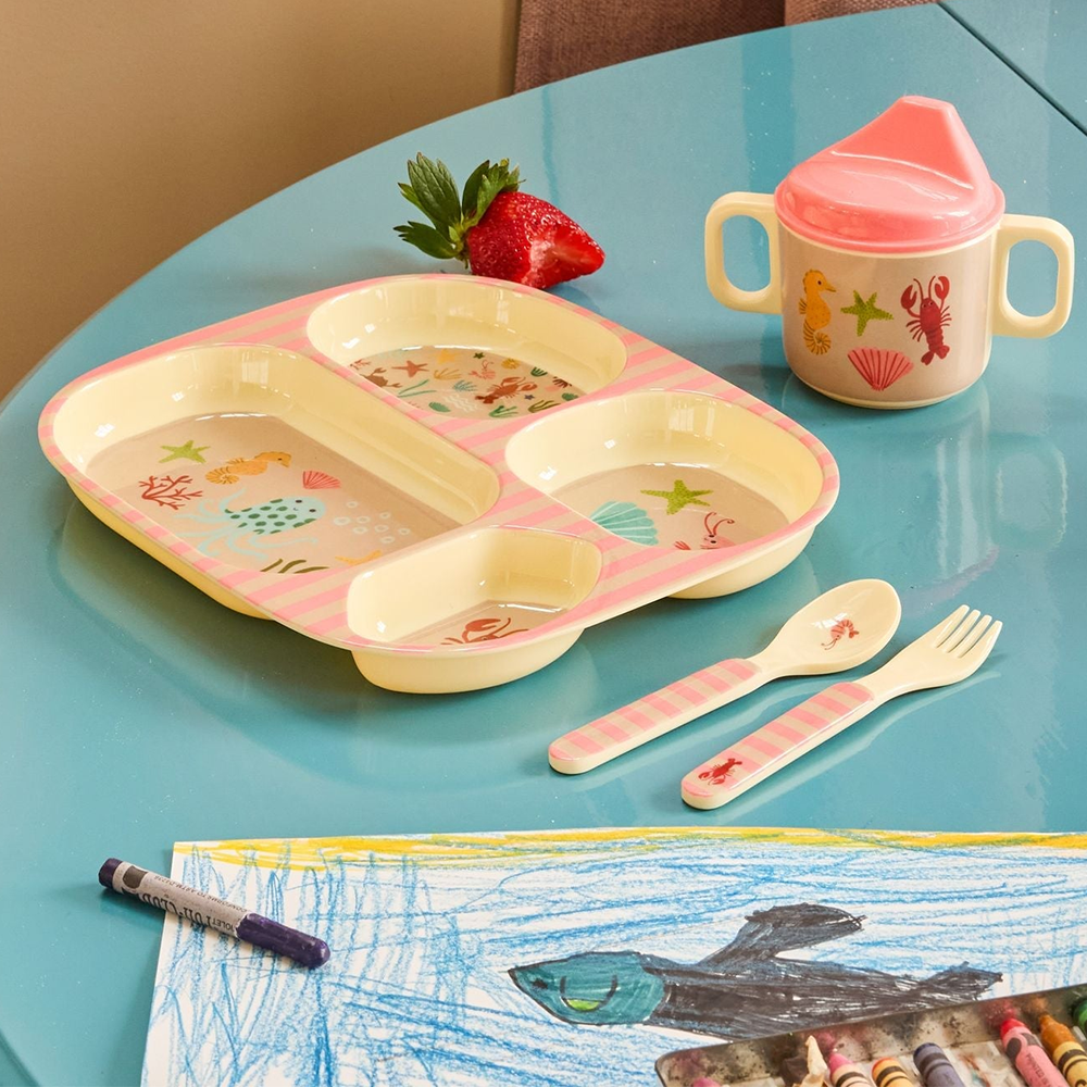 Rice Melamin Kinderteller mit 4 Fächer 'Ocean' Coral