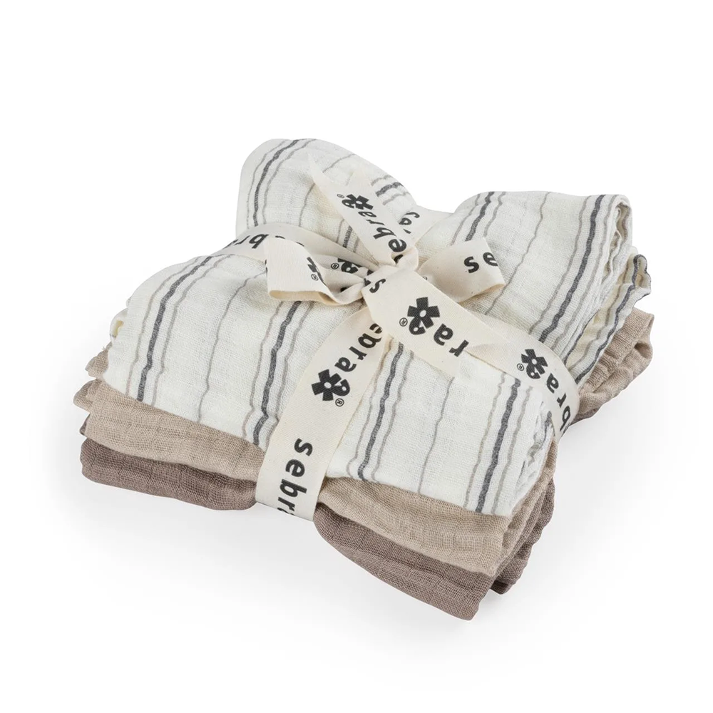 Lange Sebra en mousseline lot de 3 Cream Stripe, Beige
