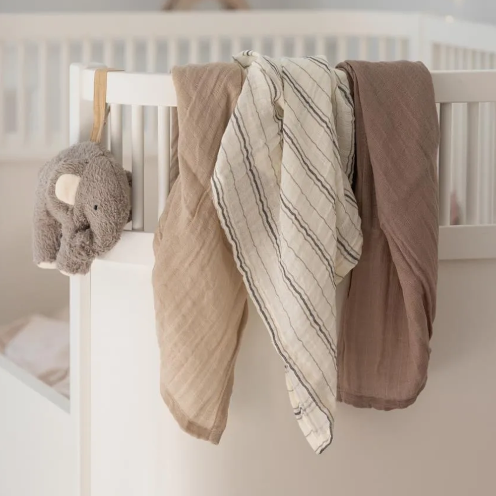 Lange Sebra en mousseline lot de 3 Cream Stripe, Beige