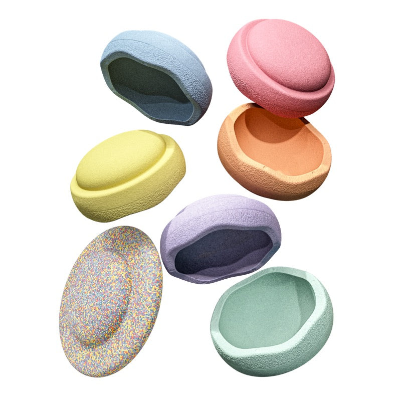 Alle einzelnen Teile des Sets mit 6 Stapelsteine in Pastellfarben und Confetti Board
