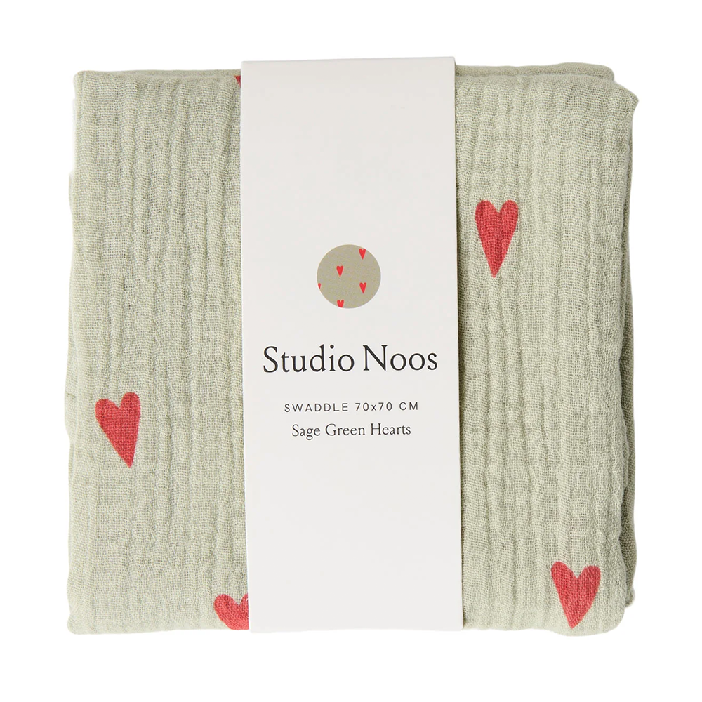Studio Noos Emmaillotage « Hearts » 120 x 120 cm Vert Sauge