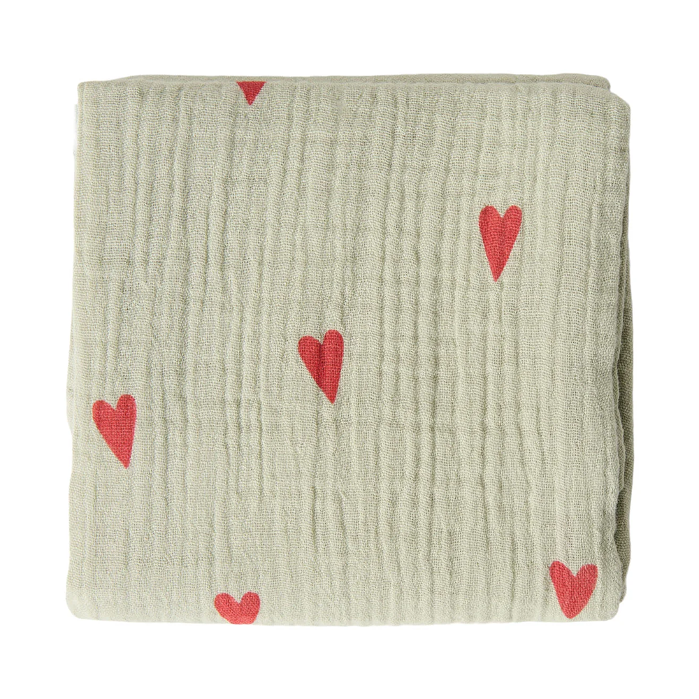 Studio Noos Emmaillotage « Hearts » 120 x 120 cm Vert Sauge
