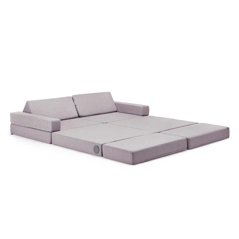 Wonderwuzz Gästebettmodul für Erwachsene für das Spielsofa 'OH SO SOFY' in der Farbe Lilafee ausgebreitet als Doppelbett mit Kopfstützen. 