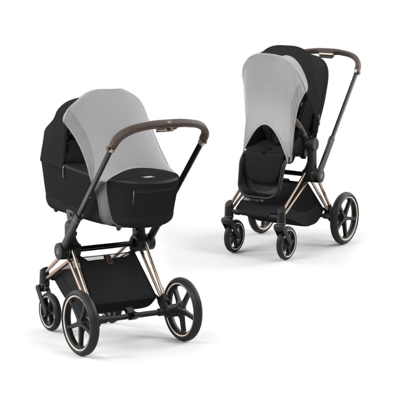 Ein Buggy und ein Kinderwagen in Schwarz mit einem Sonnensegel in Grau von Cybex.